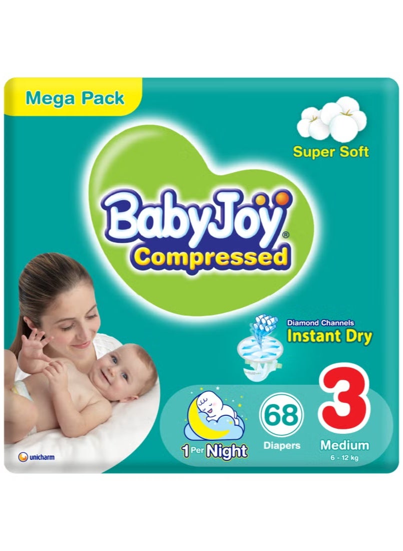 Baby Joy Compressed Diamond Pad Diaper, Size 3, Medium, 6-12 Kg, Mega Pack, 68 Diapers